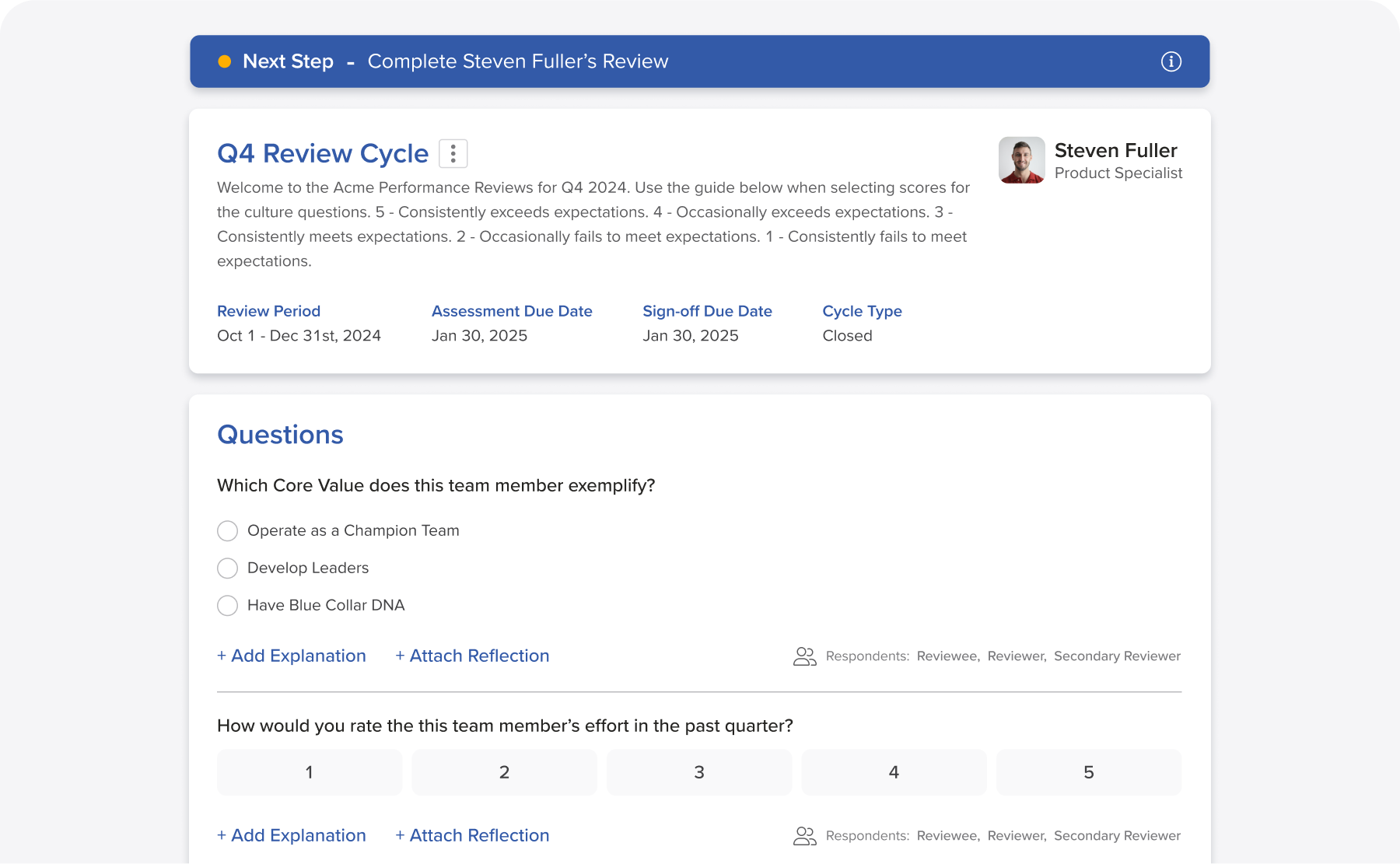 Screenshot of Leadr Q4 performance review for Steven Fuller, including value selection and effort score options.