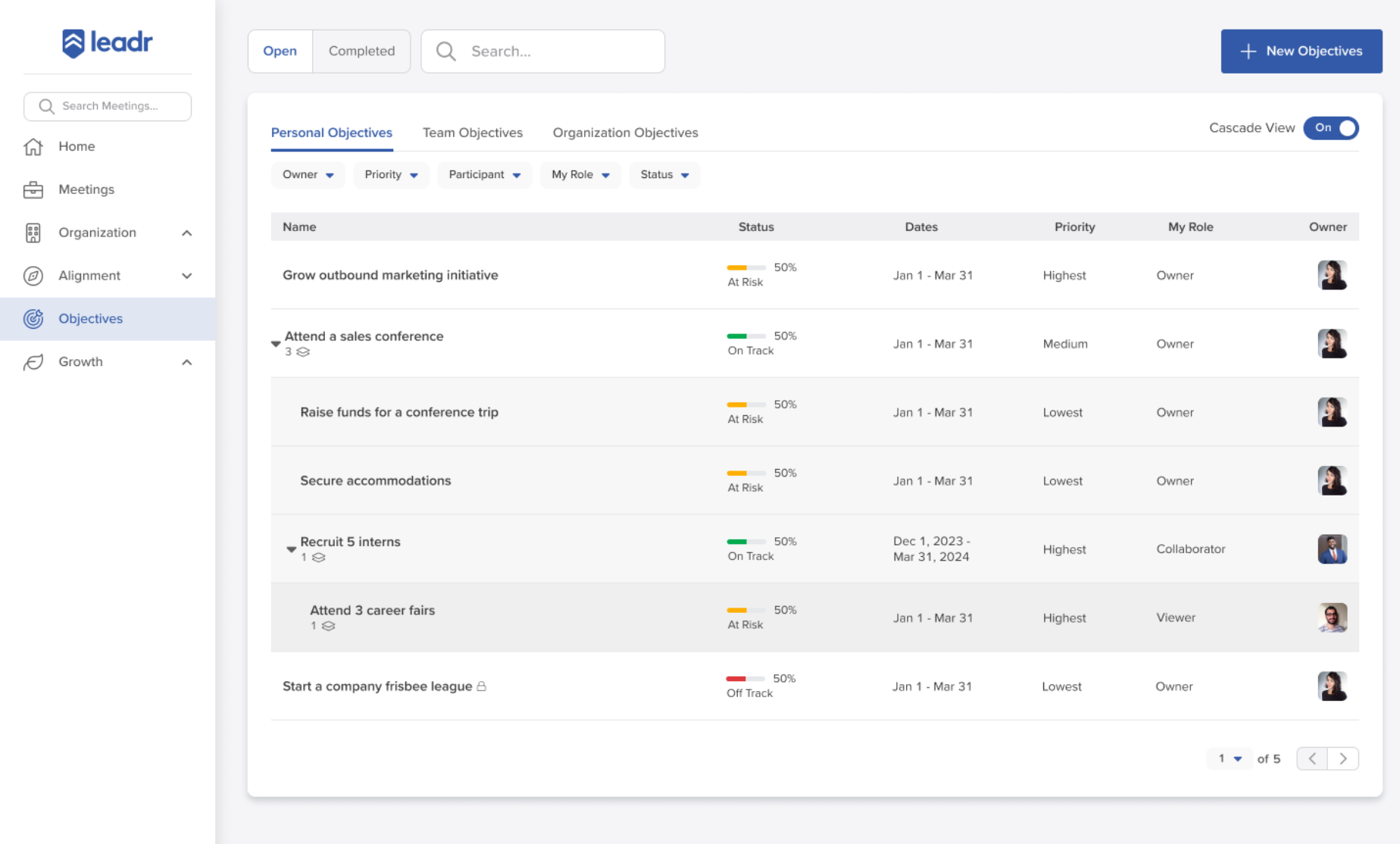 Screenshot of Leadr objectives dashboard displaying personal goals, progress statuses, and assigned owners.