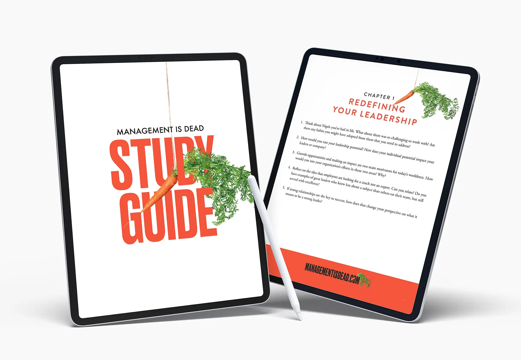 Two tablets showing "Study Guide" cover and leadership tips, branded with MakerMindset.