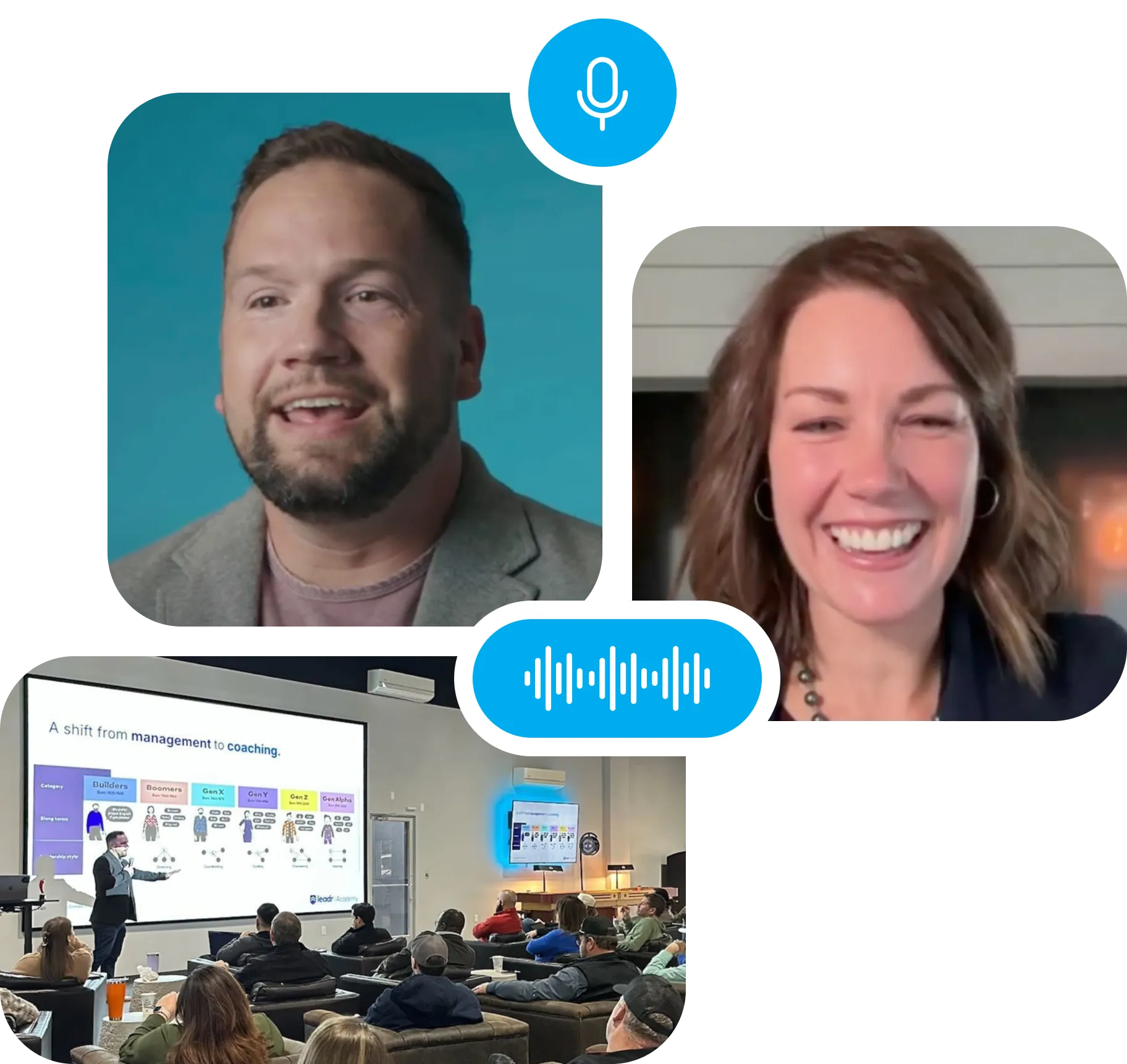 Images of a speaker, a smiling woman, and a coaching presentation with attendees, featuring voice icons