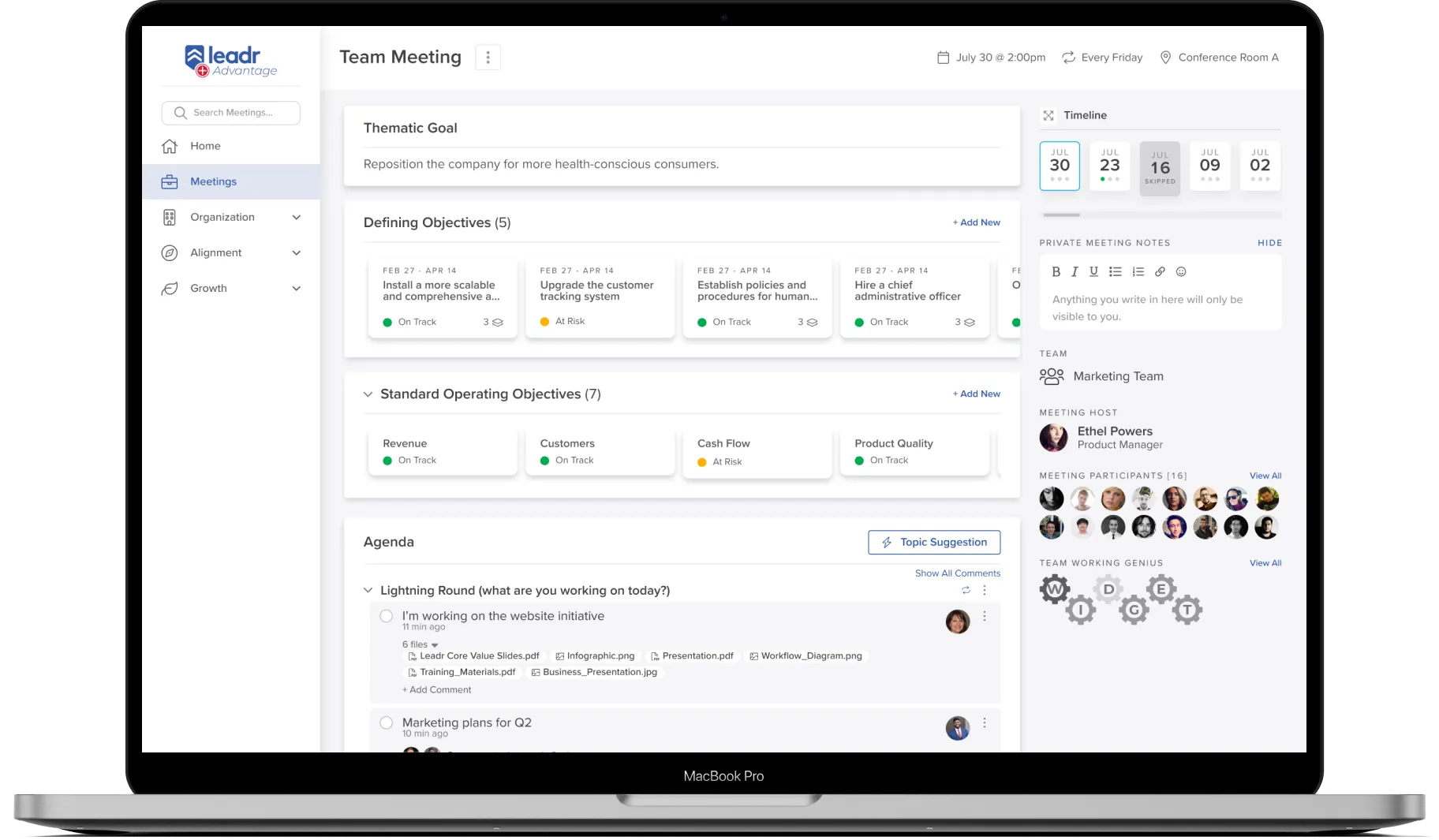 Screenshot of Leadr team meeting with goals, objectives, and agenda displayed on a laptop.