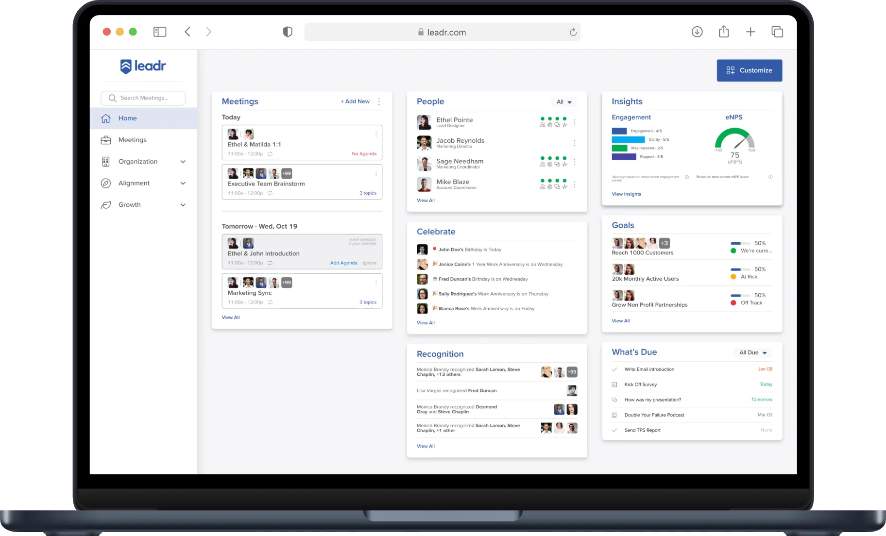 Screenshot of Leadr interface displaying meeting schedules, team updates, and engagement metrics.