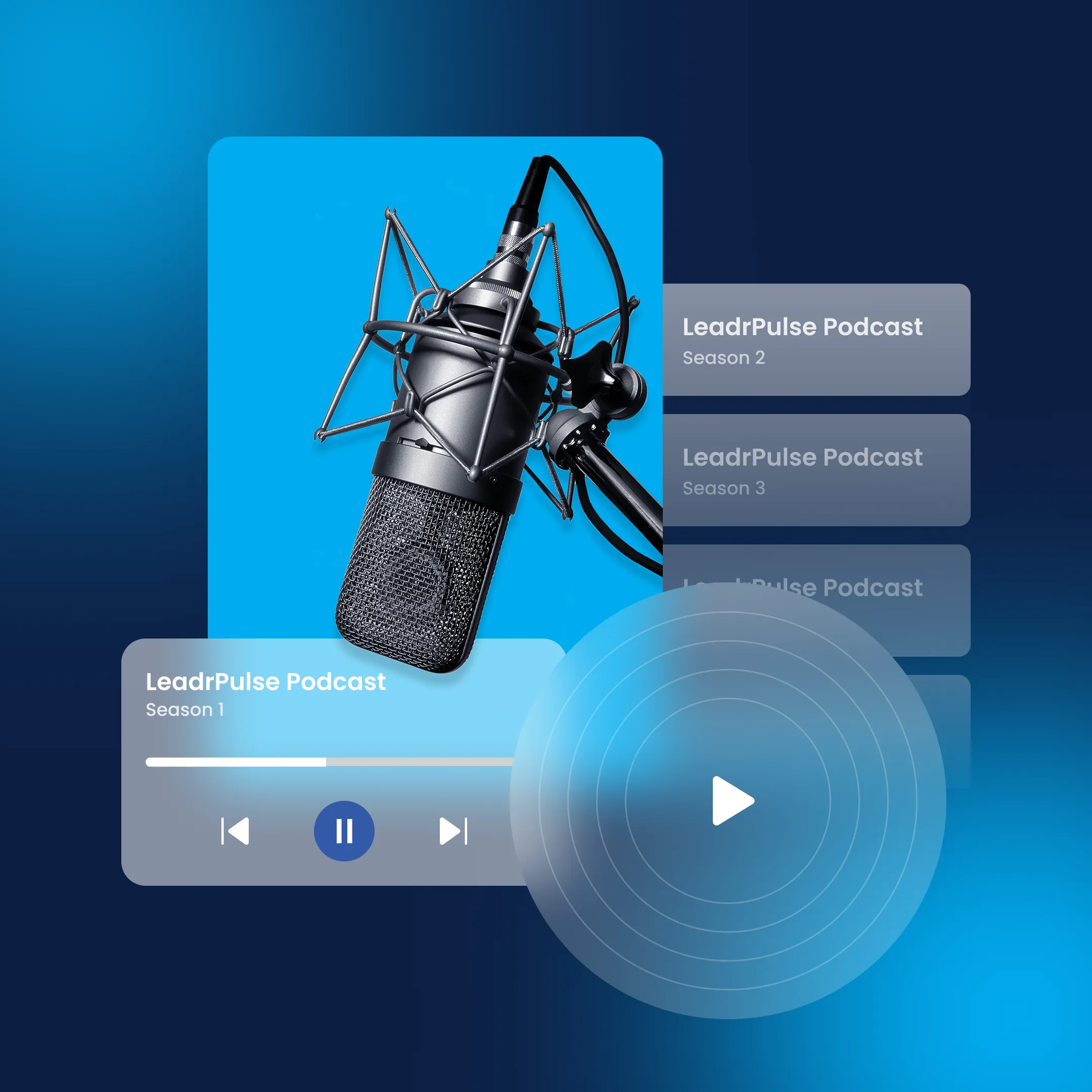 LeadrPulse Podcast Season 1 player with microphone image and play button overlay.