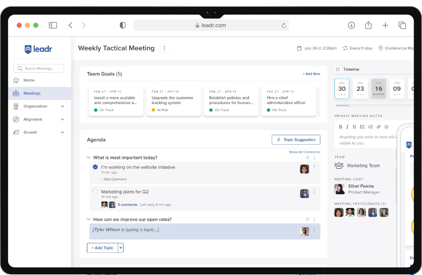 creenshot of Leadr tactical meeting with agenda items and people metrics on a phone.