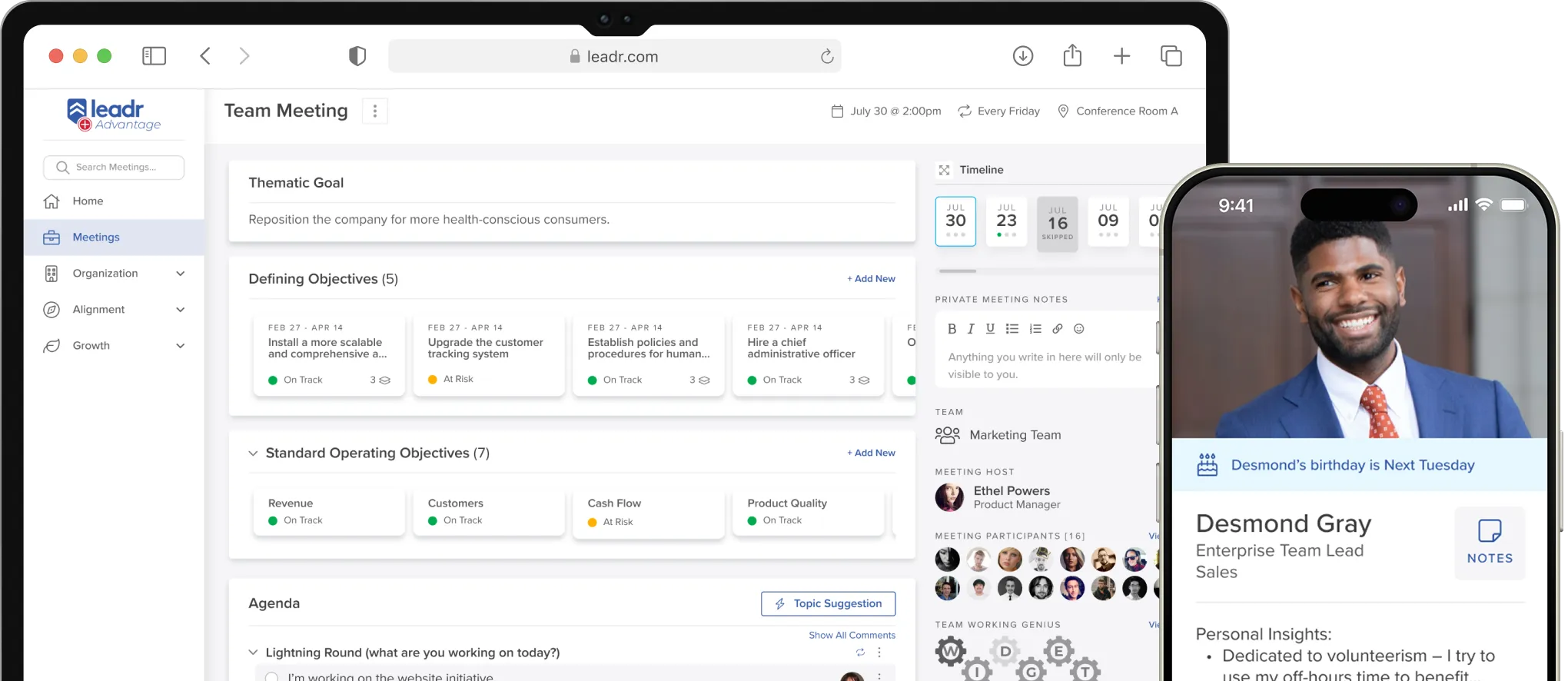 Leadr interface on laptop showing organizational clarity, goals, and Desmond Gray's profile on phone.