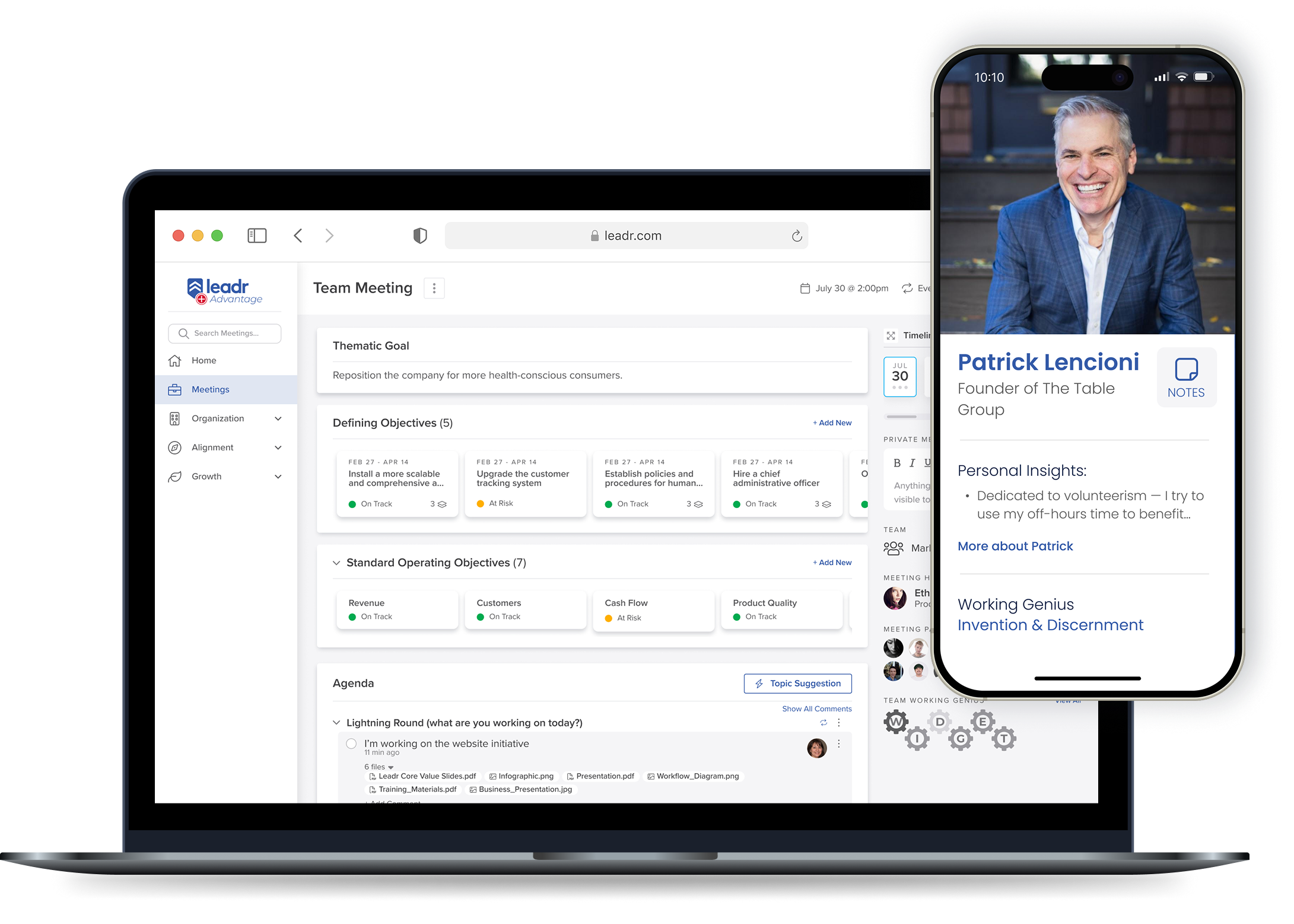 Screenshot of a team meeting interface from Leadr+Advantage, showing a thematic goal to reposition for health-conscious consumers, defining objectives (5 on track, 1 at risk), standard operating objectives (7 on track), and an agenda with a lightning round. A phone overlay displays a private meeting note and a profile of Patrick Lencioni, founder of The Table Group, with personal insights.