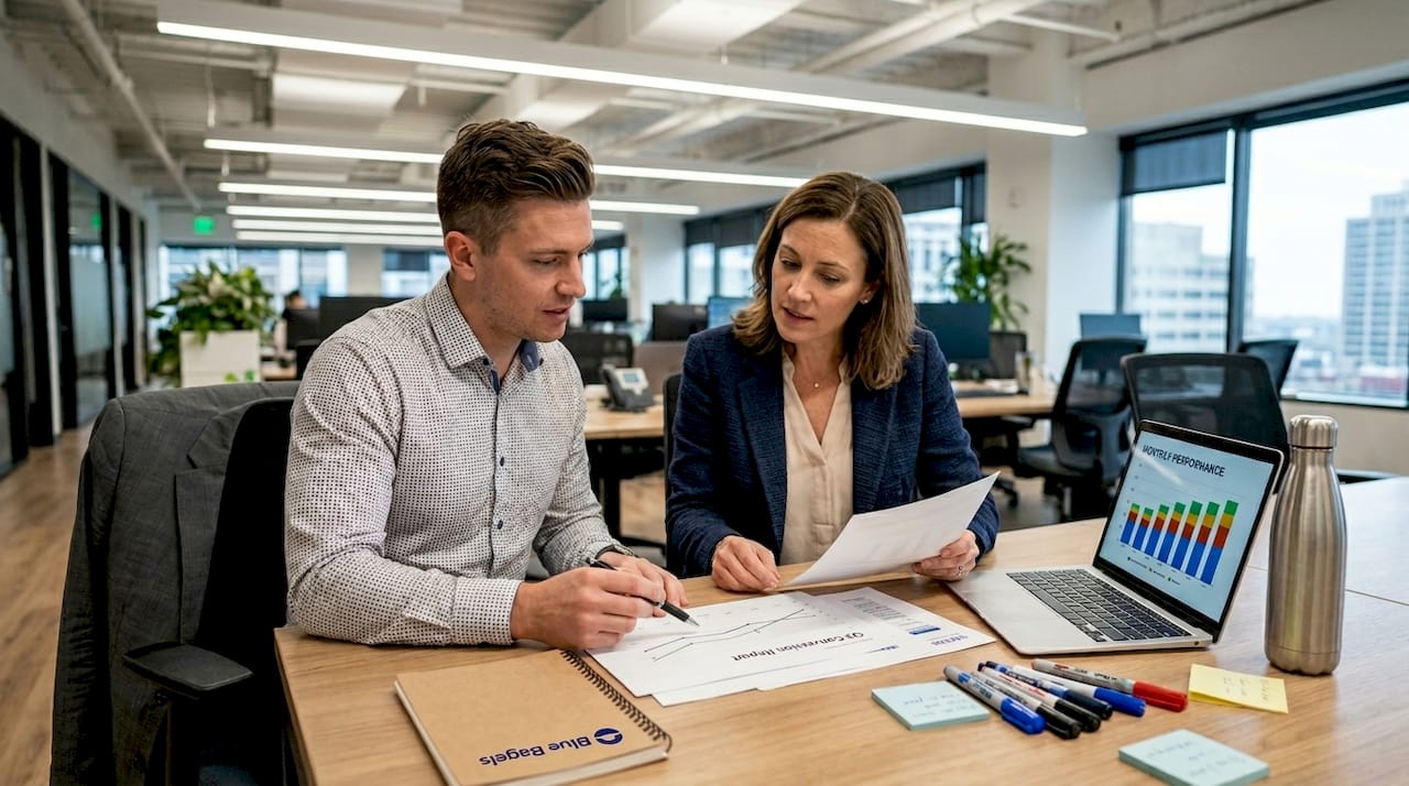 Team examines printed conversion analytics report