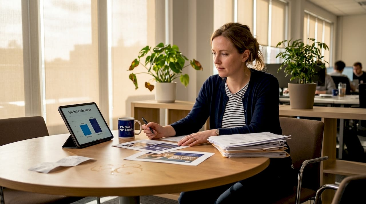 Manager comparing printed ad variants