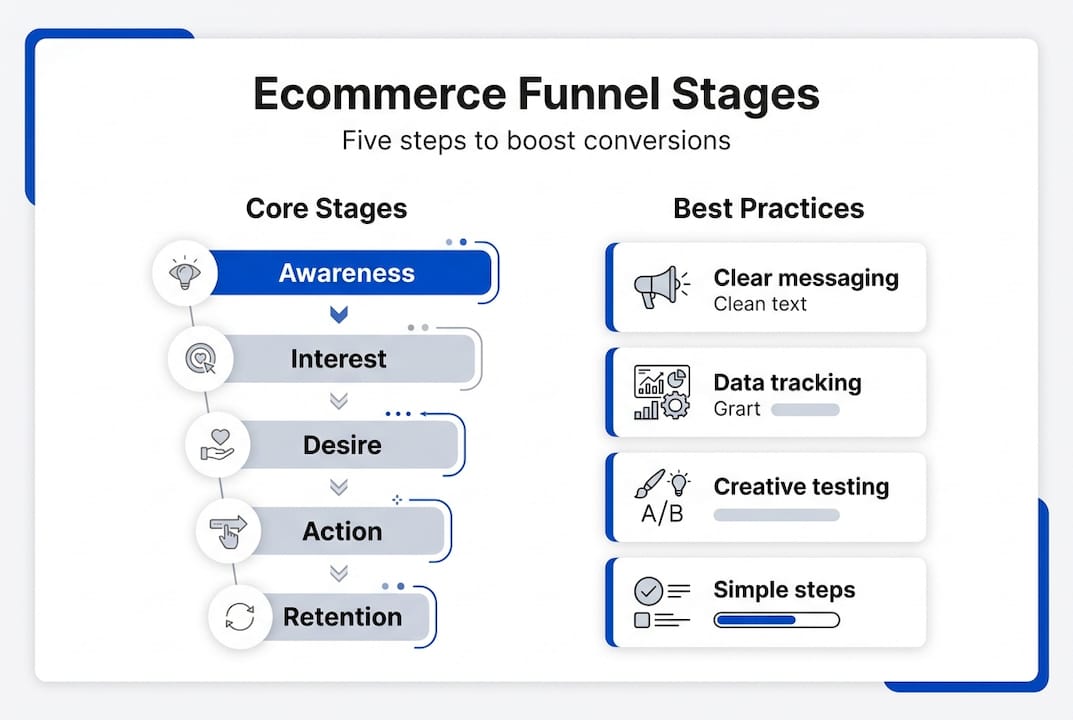 Infographic showing ecommerce funnel stages and tips