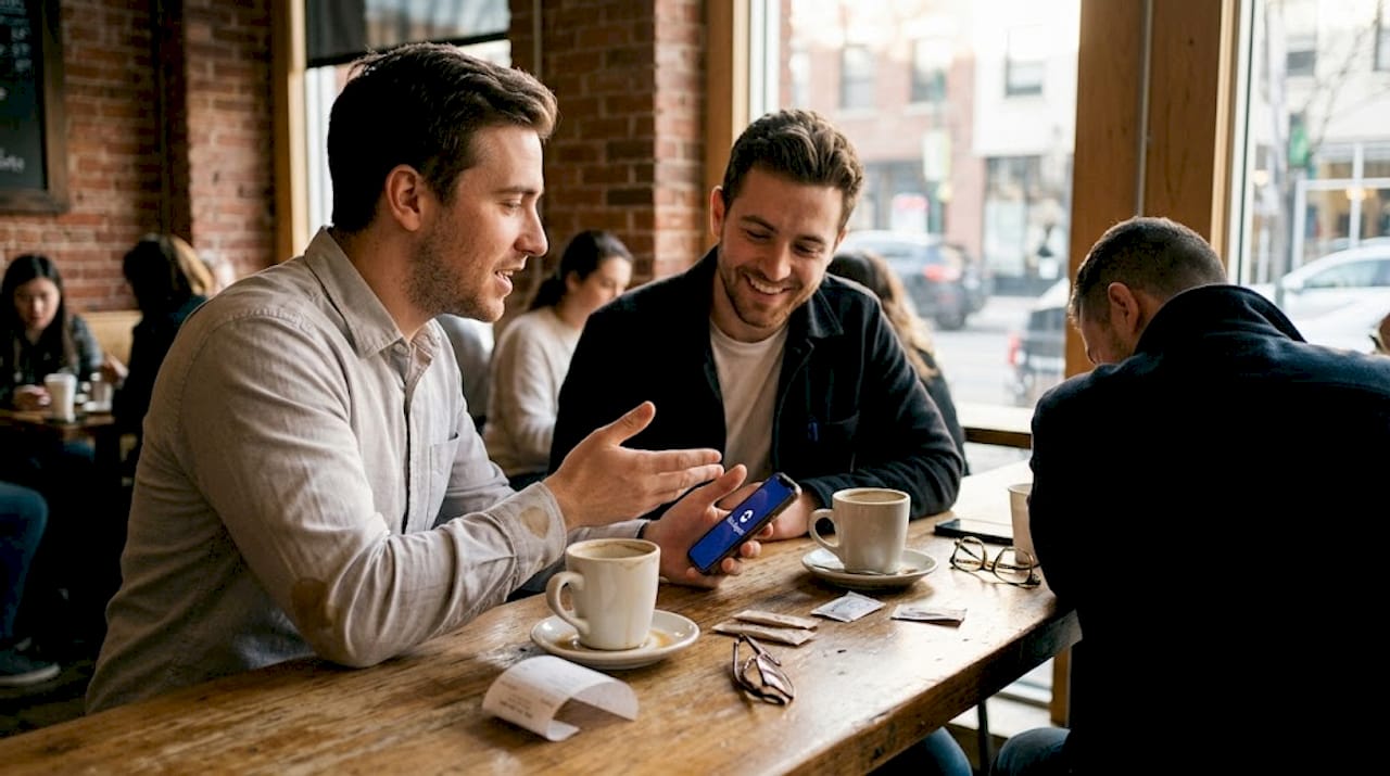 Man showing phone to friend in café