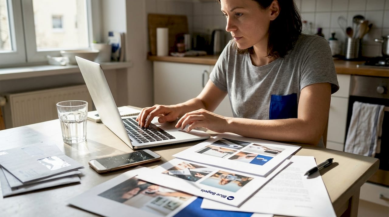 Marketer testing ad creatives at kitchen table