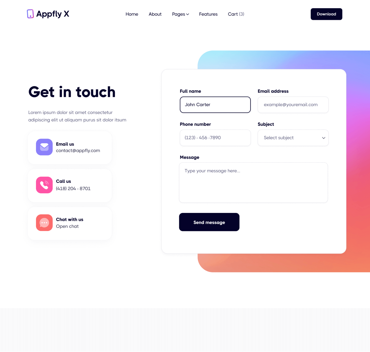 Appfly X - Contact page - Mobile App Webflow Template