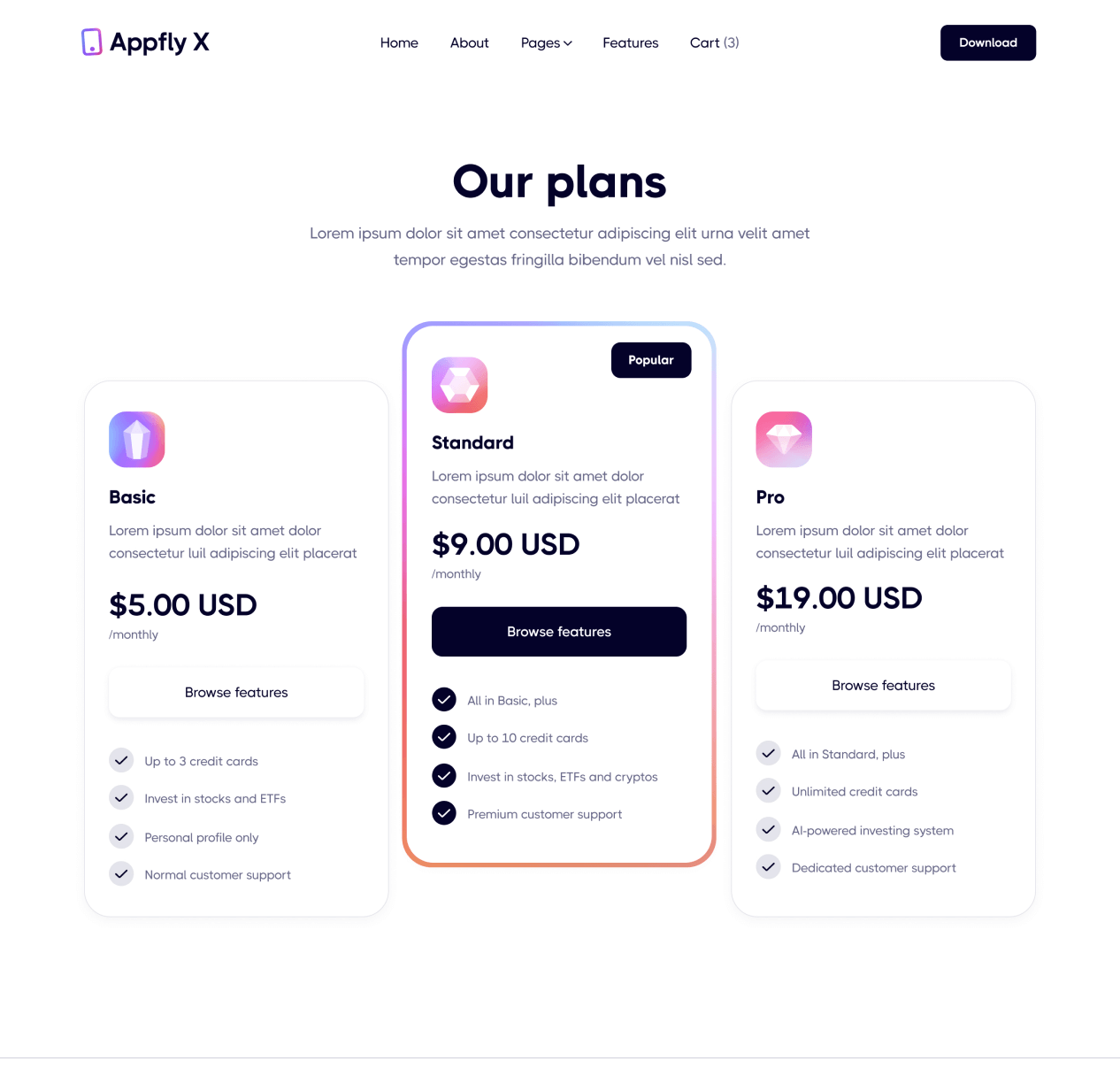 Appfly X - Pricing page - Mobile App Webflow Template