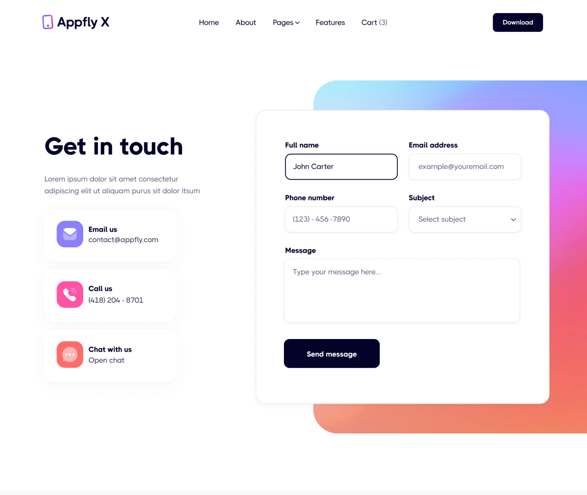Appfly X - Contact page - Mobile App Webflow Template