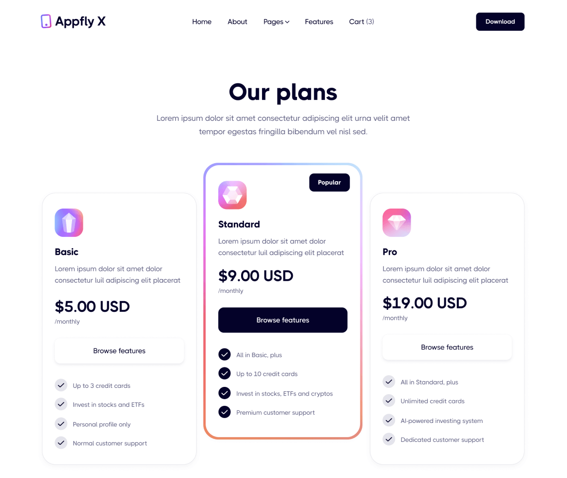 Appfly X - Pricing page - Mobile App Webflow Template