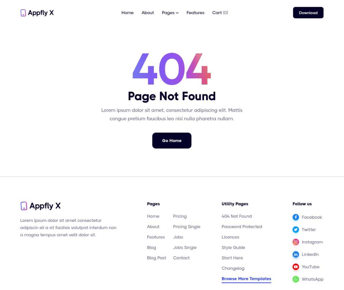 Appfly X - 404 not found page - Mobile App Webflow Template