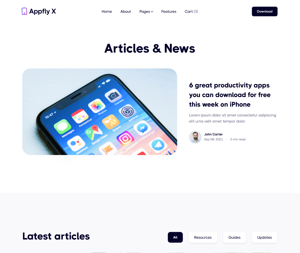 Appfly X - Blog page - Mobile App Webflow Template