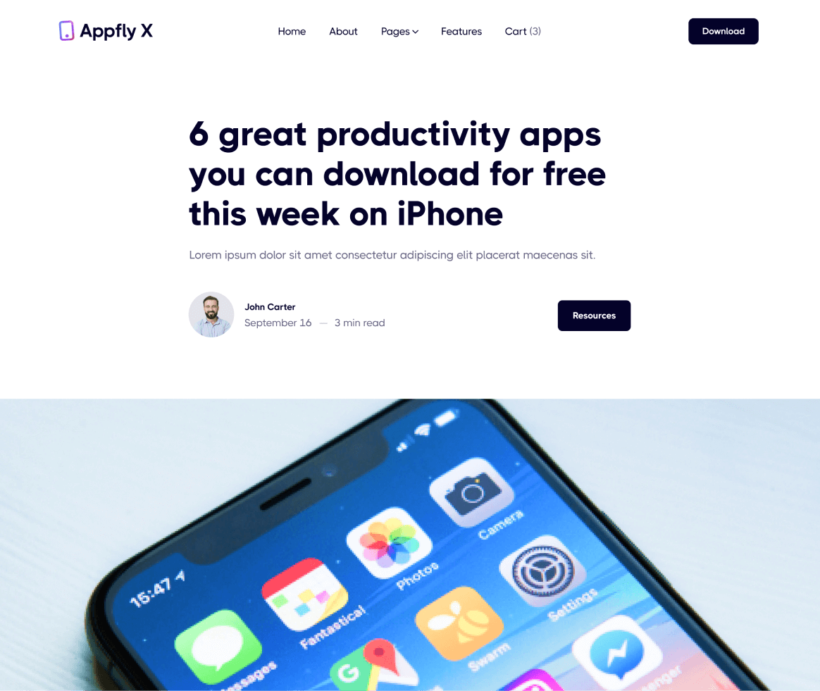 Appfly X - Blog Post page - Mobile App Webflow Template