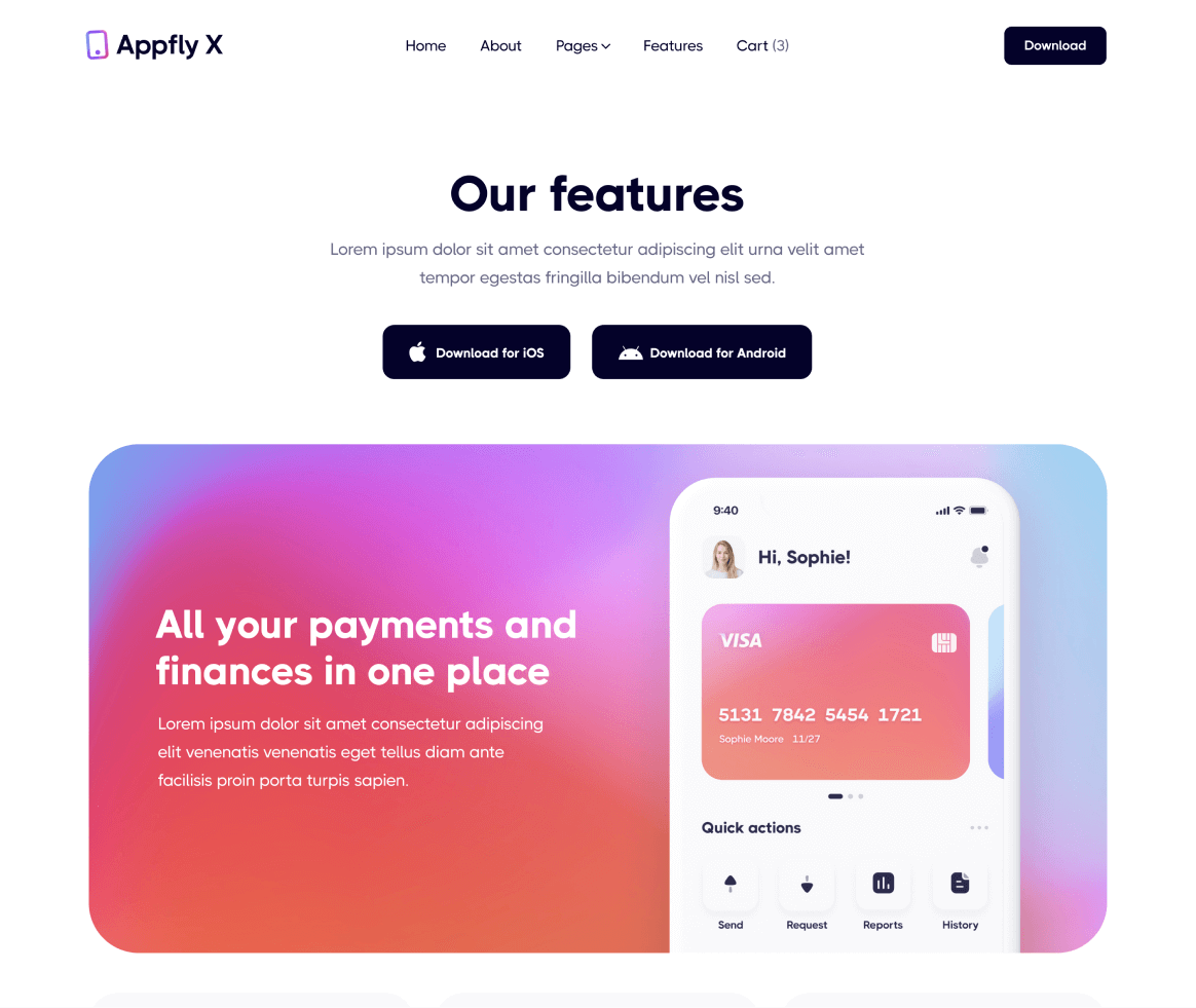Appfly X - Features page - Mobile App Webflow Template