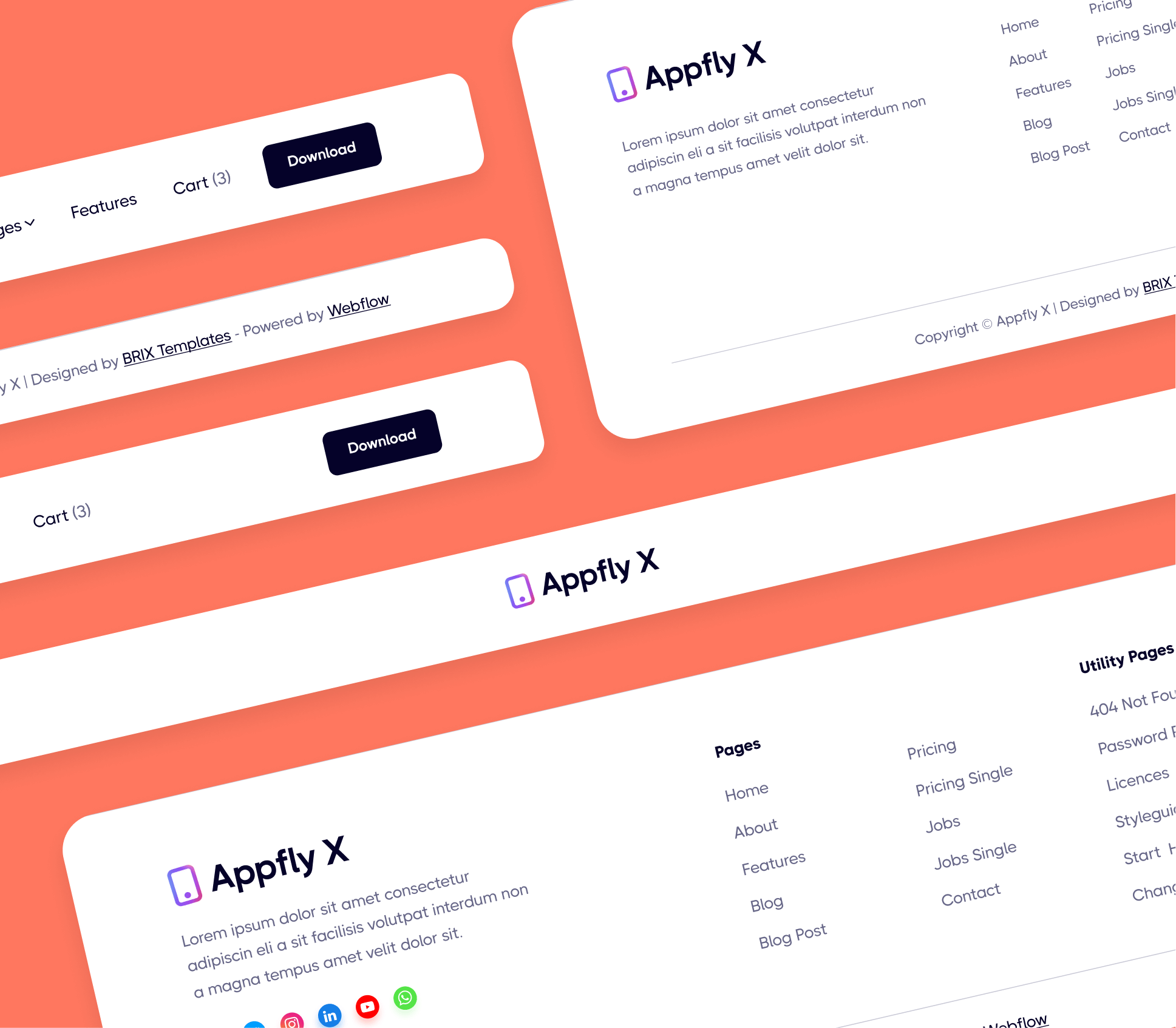 Appfly X - 3 Headers and Footers - Mobile App Webflow Template