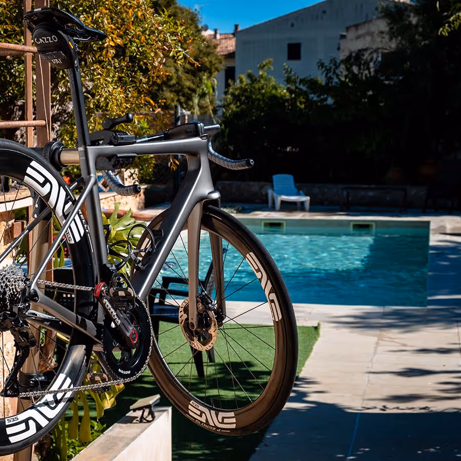 setting up the bike next to the velocamp pool