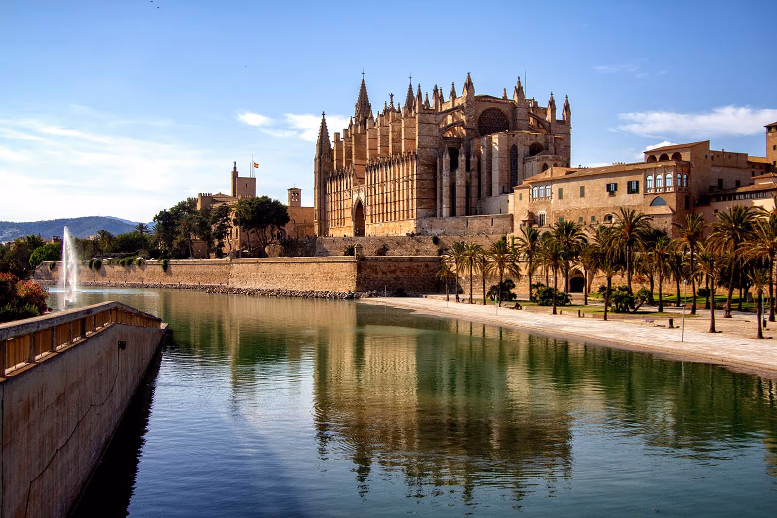 Gothic cathedral and historic buildings reflected in a calm water moat with palm trees and blue sky.