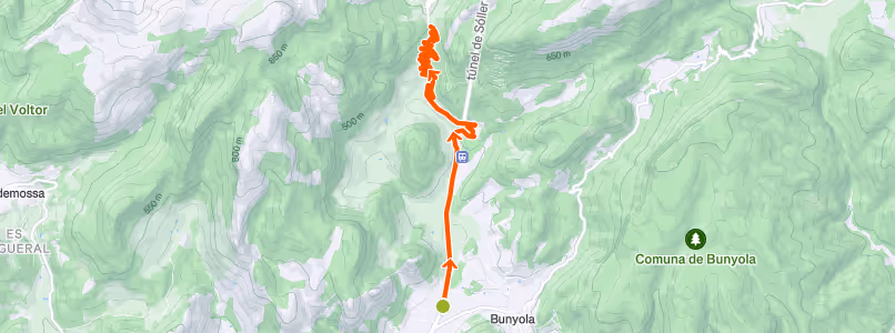 Topographic map showing a winding orange route on a green mountainous terrain near Bunyola and the tunnel de Soller.