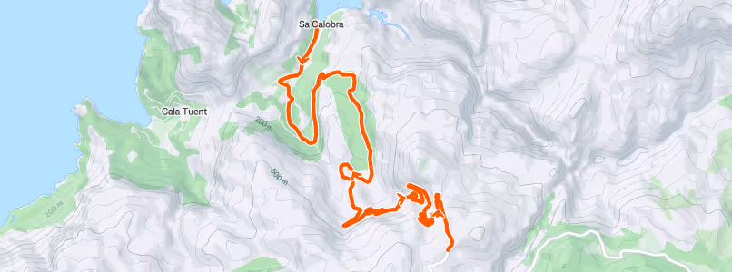 Topographic map showing a winding hiking trail in orange starting from Sa Calobra and moving through mountainous terrain near Cala Tuent.