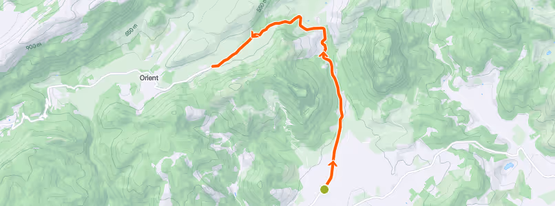Topographic map showing a hiking trail marked in orange leading towards the area labeled Orient, with elevation contours and green forested terrain.