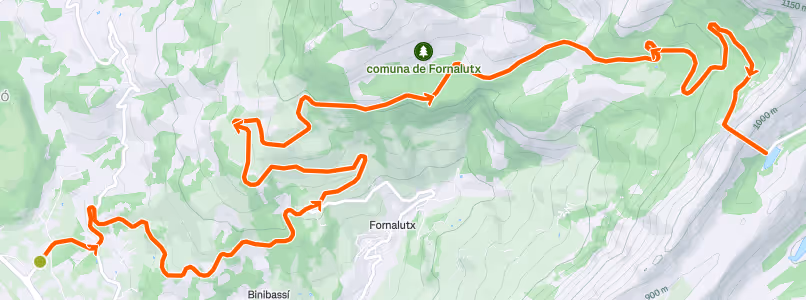 Topographic map showing a winding hiking trail in the Fornalutx area with contour lines and green forested regions.