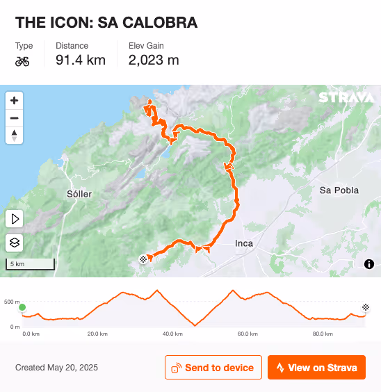 Strava cycling route map of SA Calobra showing a 91.4 km distance with 2,023 m elevation gain, including elevation profile and route through mountainous terrain near Sóller and Inca.