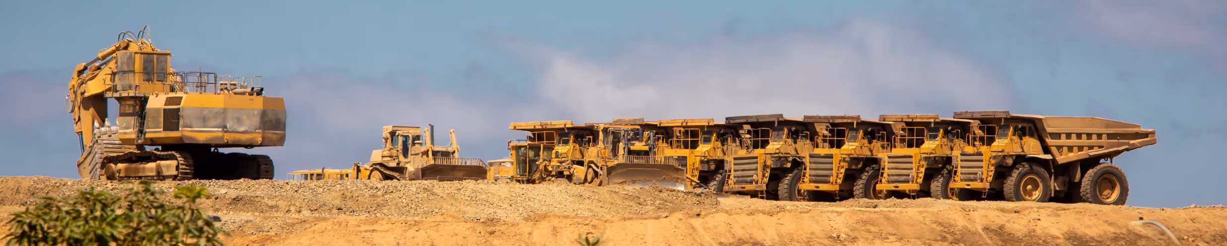 Commercial fleet of dump trucks and excavator for bulk soil and dirt transport services