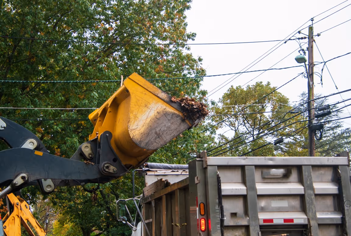 Excavator bucket filled with organic debris dumping into truck for commercial vegetation hauling