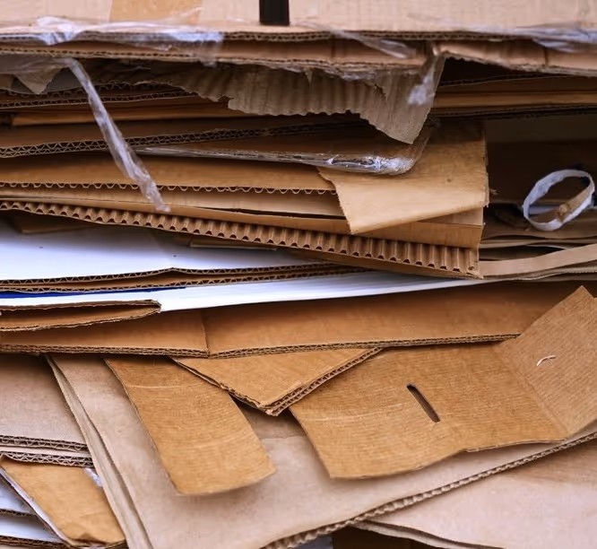 Flattened cardboard boxes and corrugated packaging waste requiring bulk recycling material hauling and processing