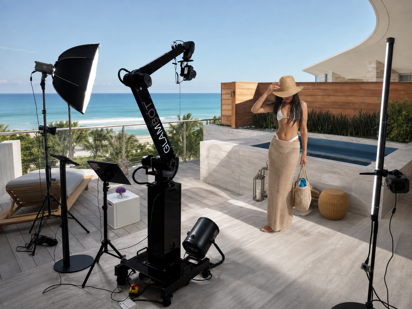 Glambot robotic arm set up before a Miami event, ready for guests
