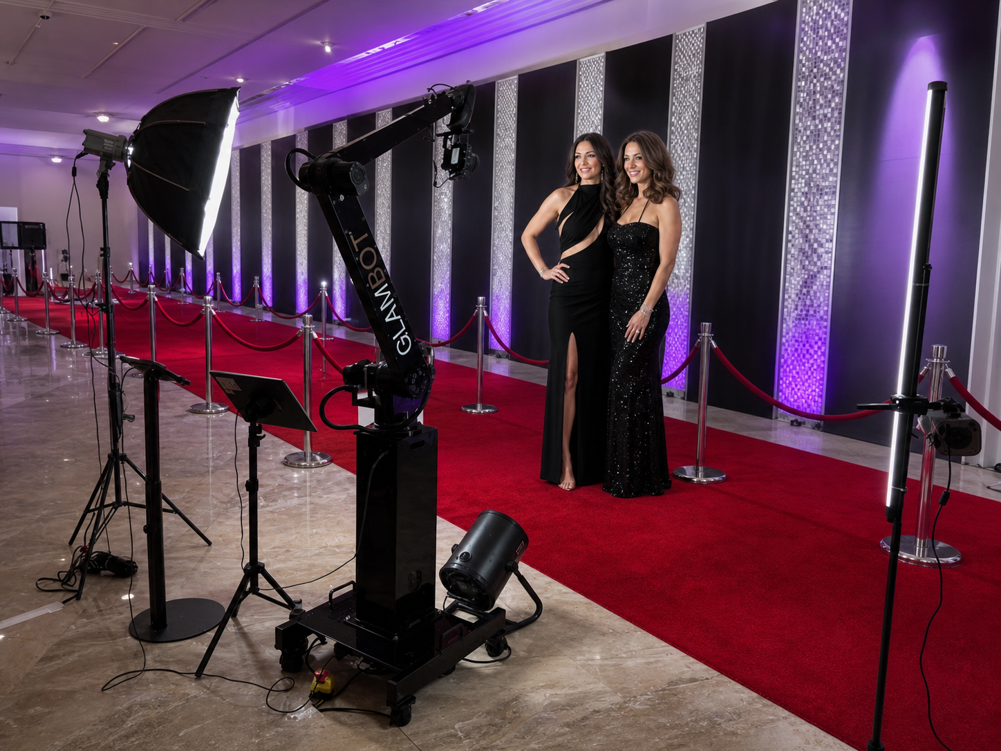 Glambot robotic arm capturing a guest in cinematic slow motion at a luxury Miami event