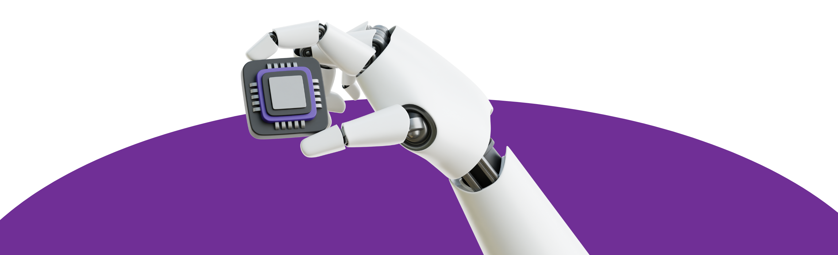 White robotic hand holding a computer microchip above a purple curved surface.