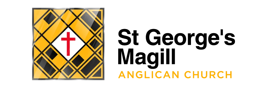 Logo featuring a red cross centered within a white diamond, set on a yellow and black geometric patterned background next to the text 'Anglican Church'.