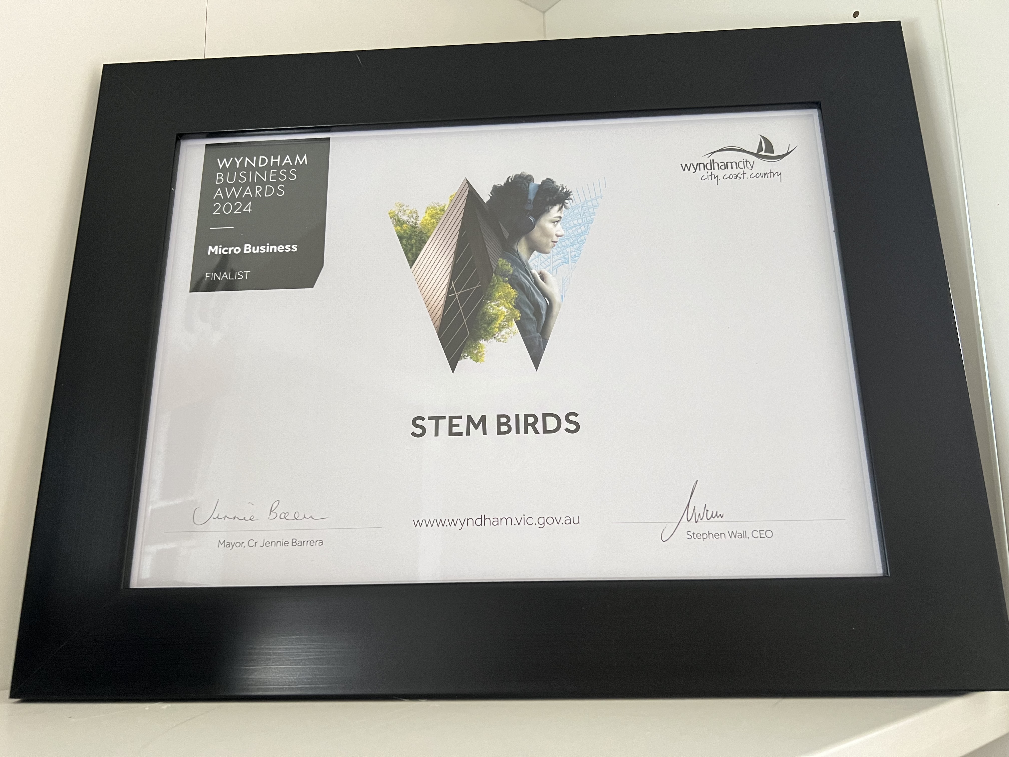 Wyndham Business Awards 2024 Micro Business Finalist certificate awarded to STEM Birds, framed with signatures of Mayor Jennie Barrera and CEO Stephen Wall.