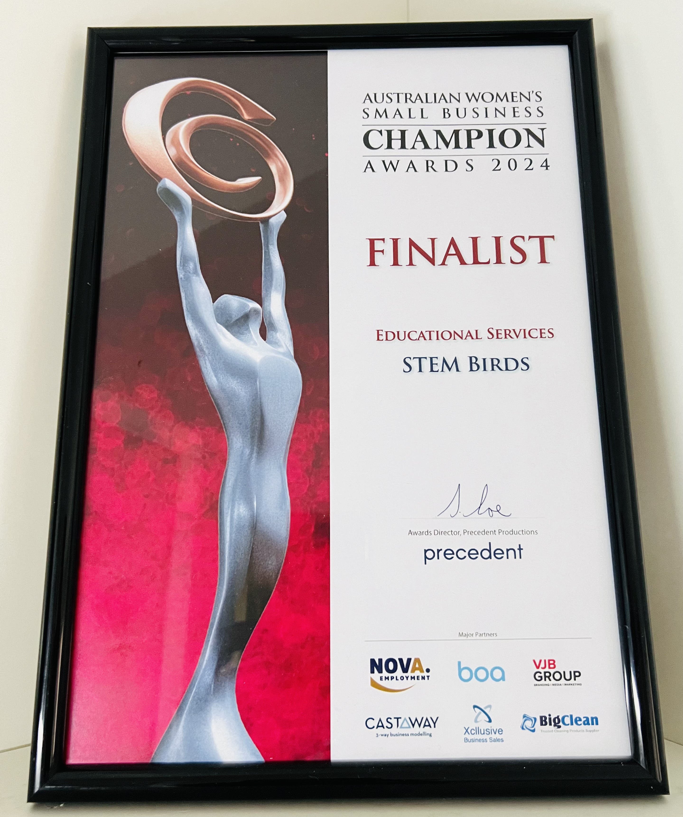Framed certificate for Australian Women's Small Business Champion Awards 2024 finalist in Educational Services awarded to STEM Birds.