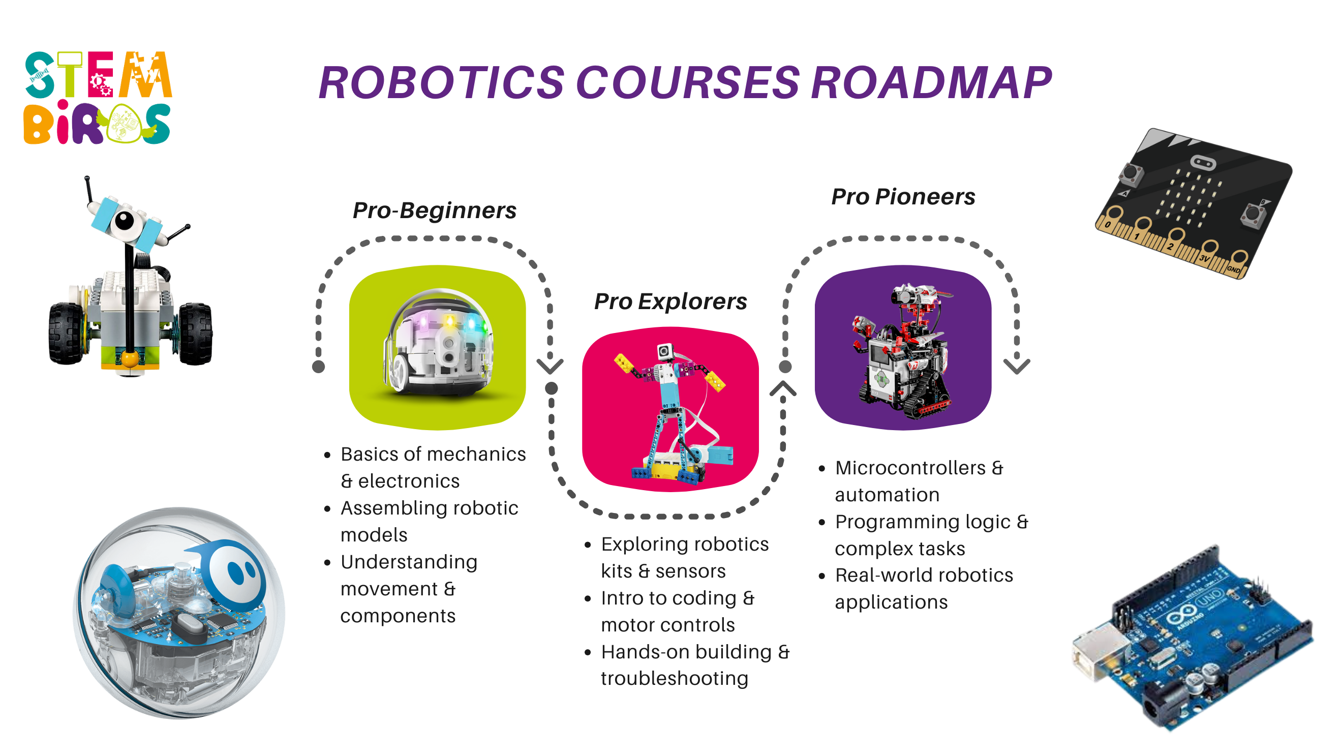 STEM Birds Robotics Courses Roadmap with three levels: Pro-Beginners covering basics of mechanics, electronics, assembling robotic models; Pro Explorers focusing on robotics kits, coding, motor controls, and troubleshooting; Pro Pioneers emphasizing microcontrollers, automation, programming logic, and real-world applications, shown with relevant robot images and microcontroller boards.