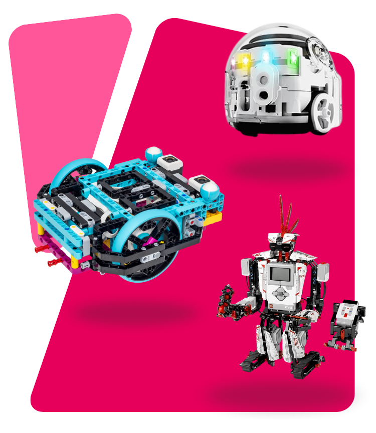 Three colorful robotic models made from building blocks against a pink geometric background, including a white spherical robot with lights, a blue rectangular robot with wheels, and a humanoid robot with red and white details.