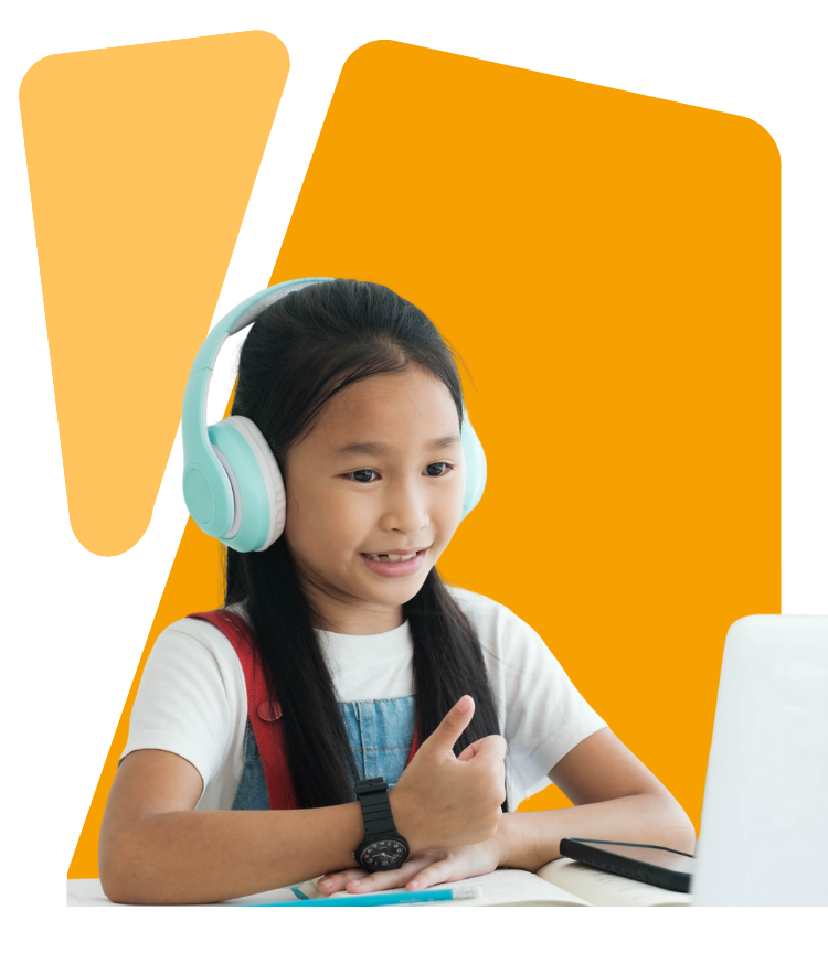 Young girl wearing headphones giving a thumbs-up while looking at a laptop during an online session.