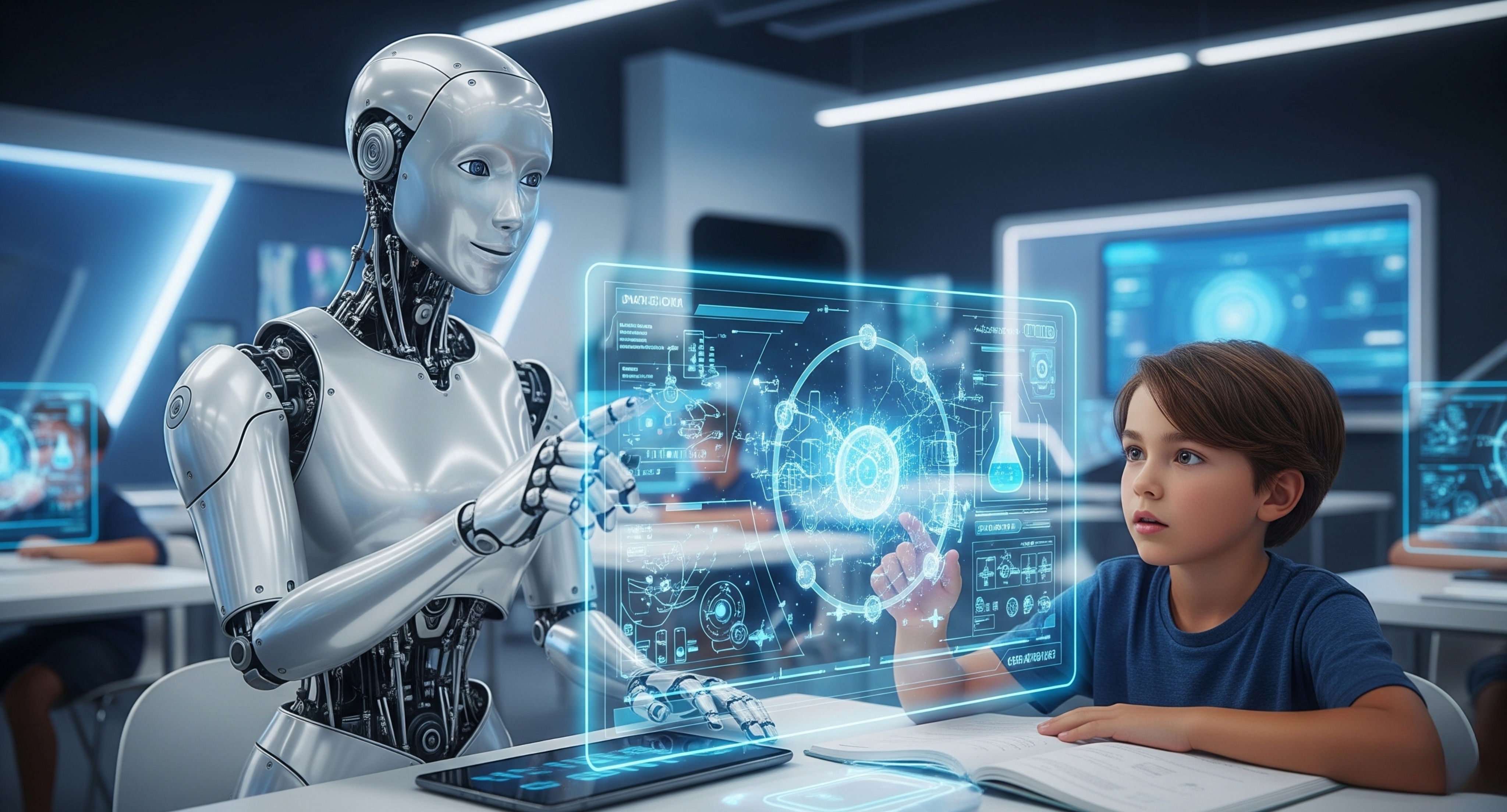 A humanoid robot and a young boy interact with a futuristic transparent touchscreen displaying scientific data in a modern classroom.