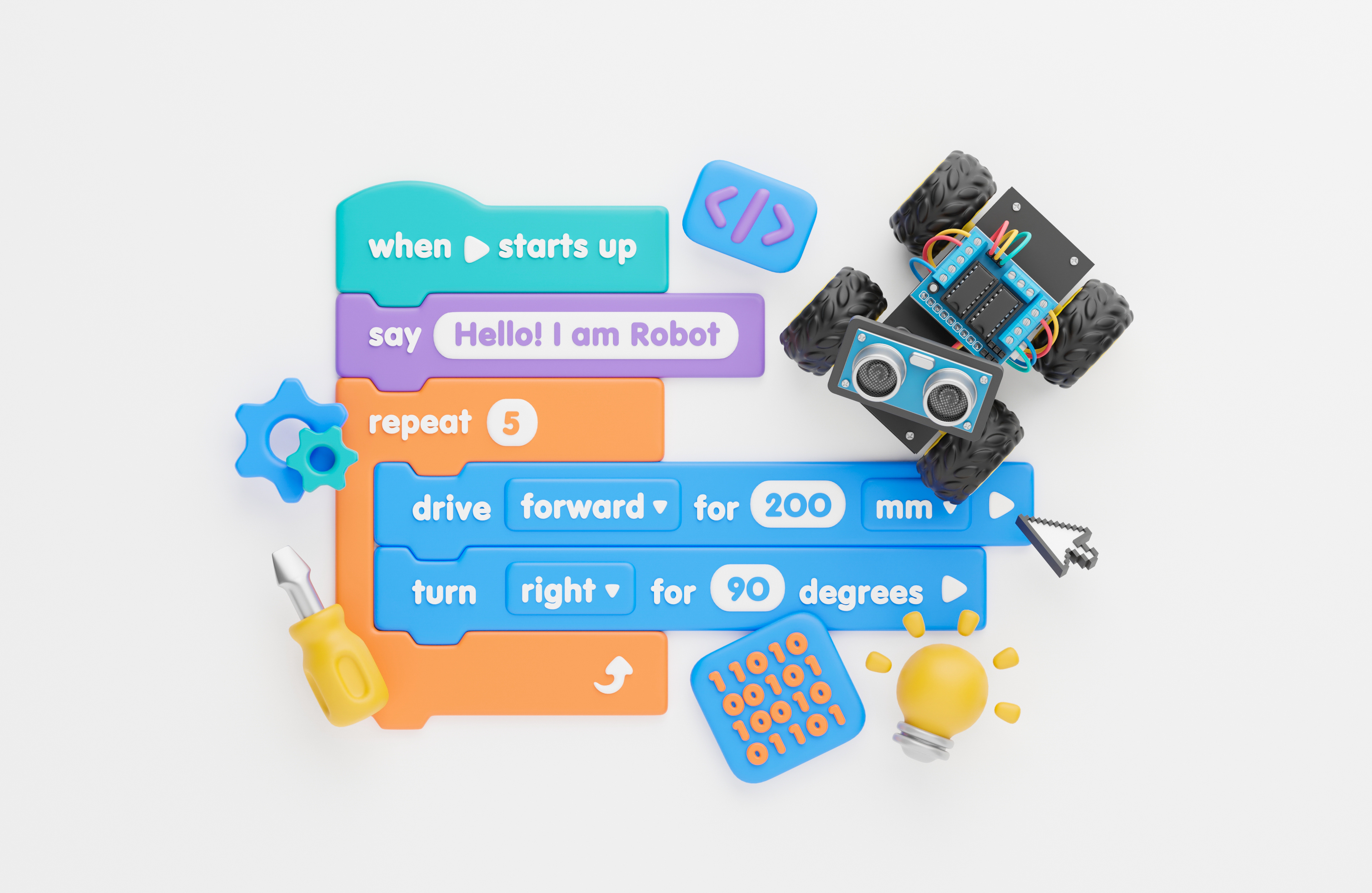 Colorful coding blocks with a small robotic car, screwdriver, gear icons, and a light bulb representing programming and robotics.