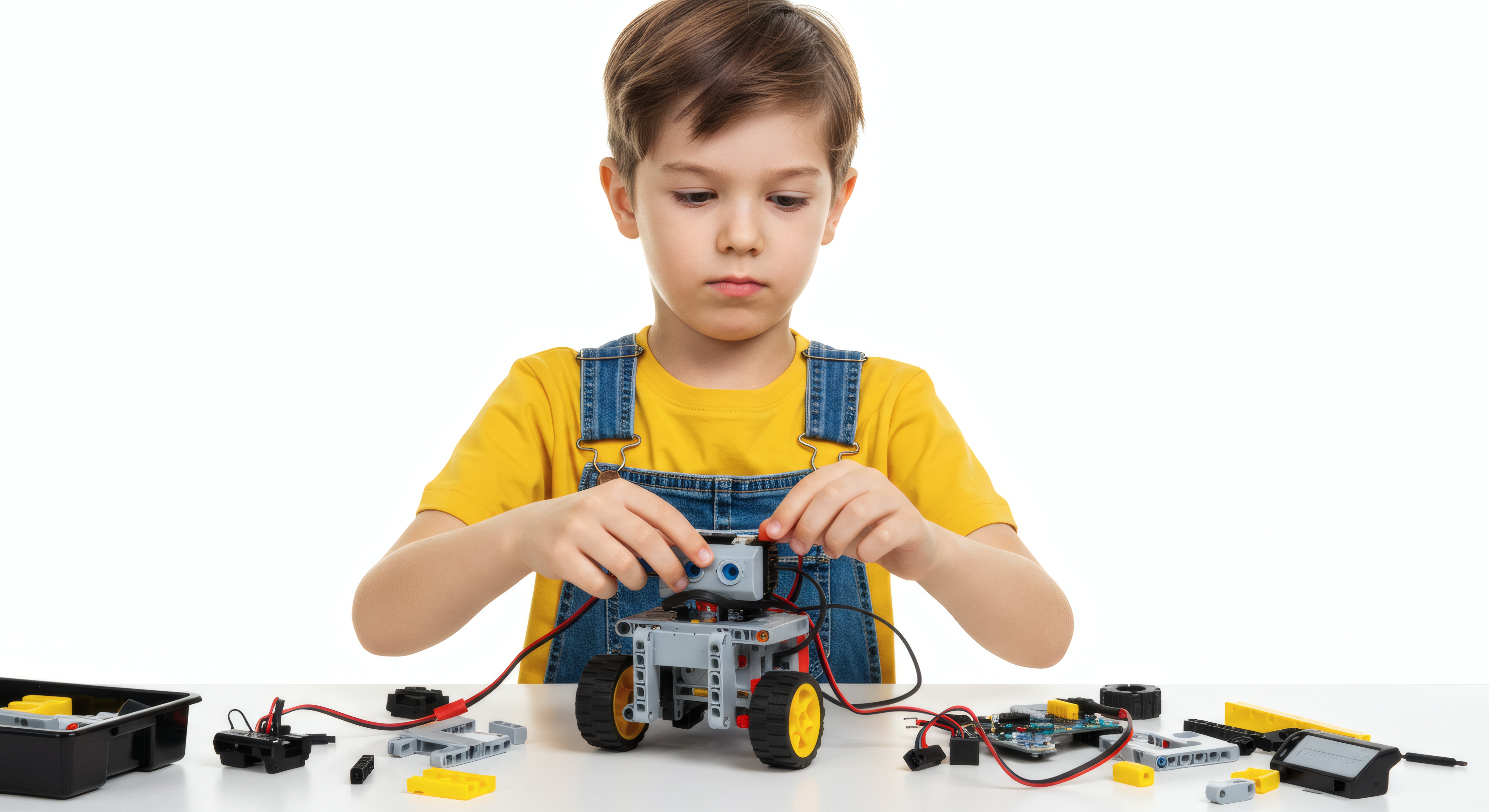 Child in yellow shirt and denim overalls assembling a small wheeled robot on a white table with scattered electronic components.