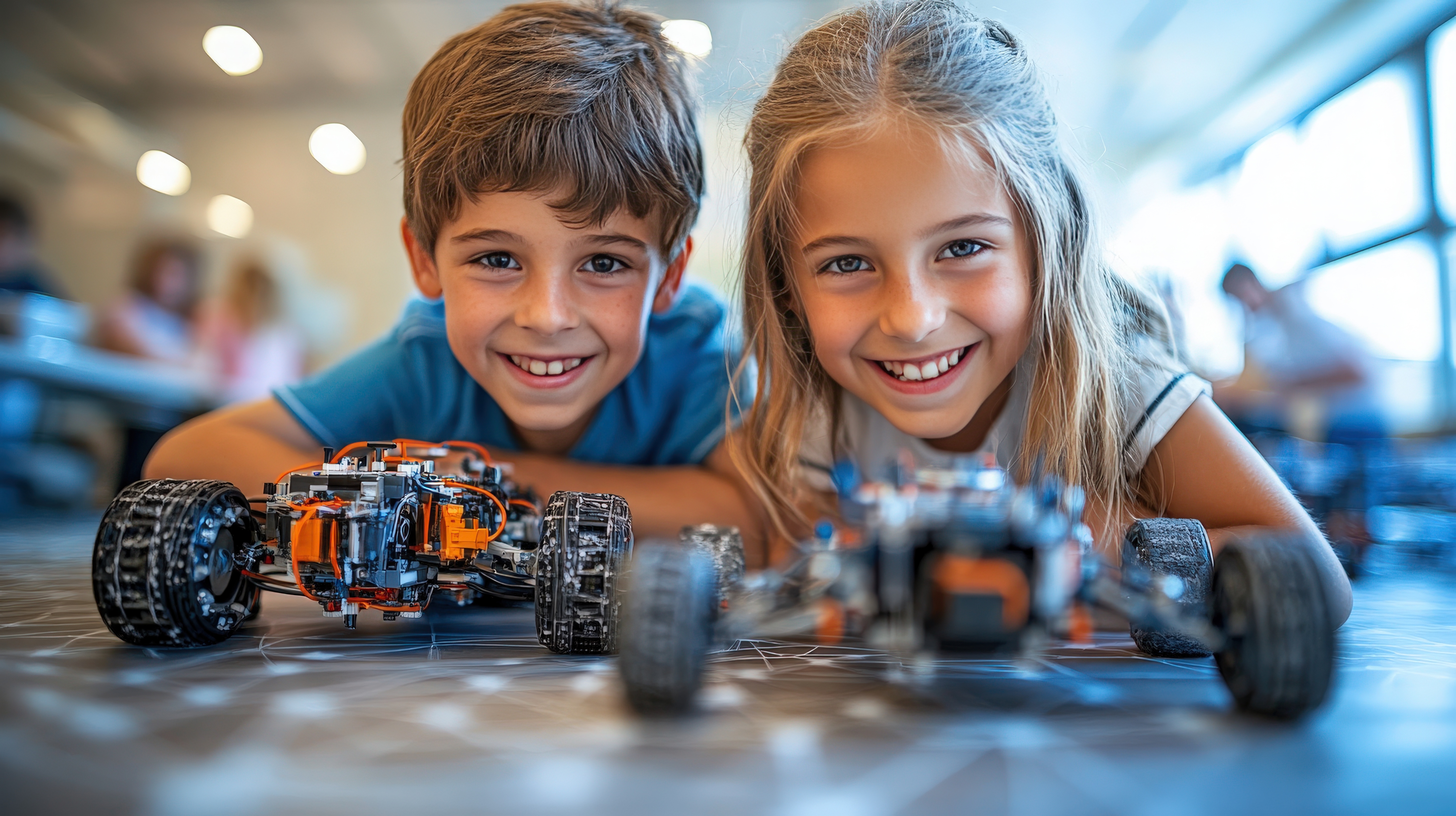 Boy and girl smiling while lying on floor next to small remote-controlled cars indoors.
