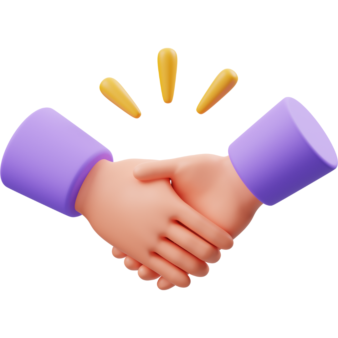 3D illustration of two hands shaking with purple sleeves and yellow accent lines above.