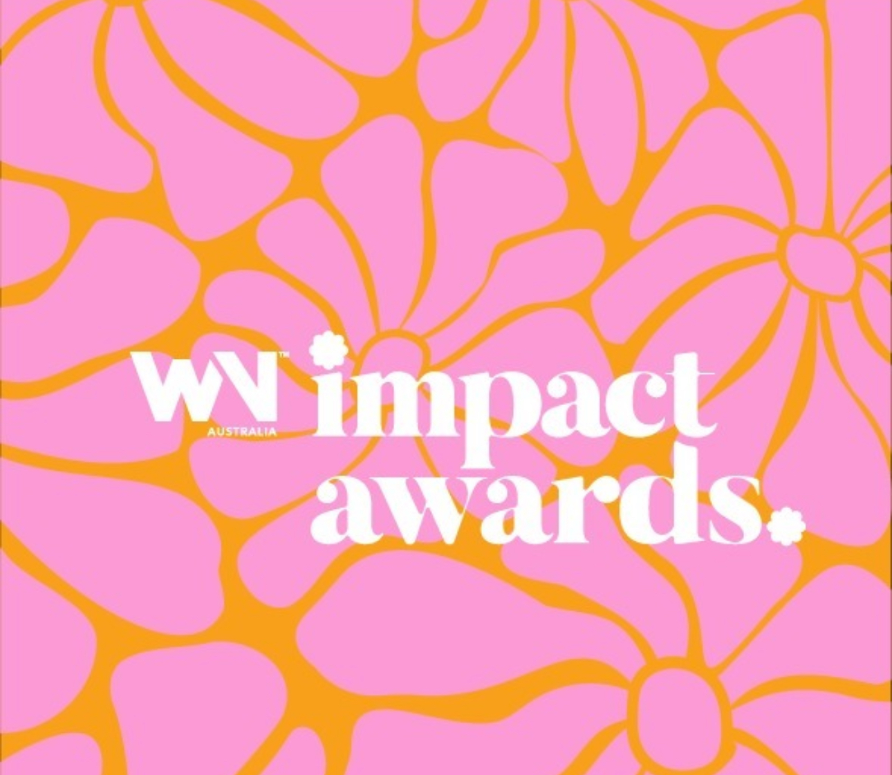 Logo of WN Australia Impact Awards with white text on a pink and orange floral pattern background.