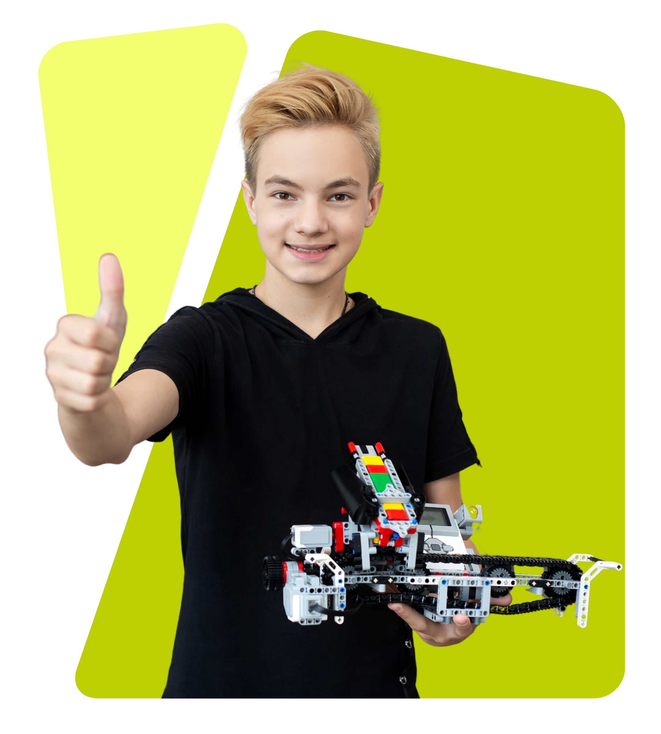 Smiling young person with blond hair holding a robotic model and giving a thumbs up.